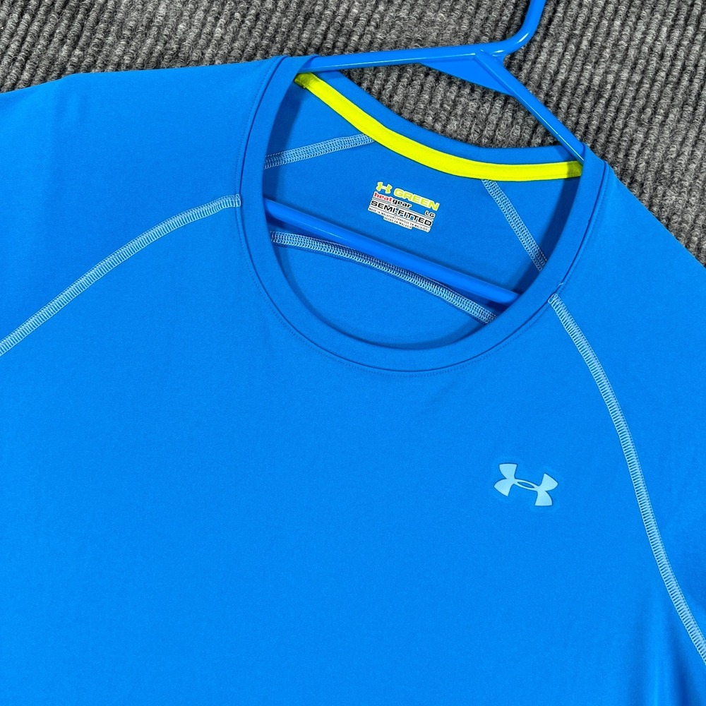 Under Armour Shirt Womens Large Blue Short Sleeve Semi Fitted Heat Gear Workout